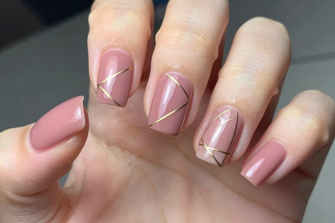 Dusty rose nails with thin geometric gold line patterns