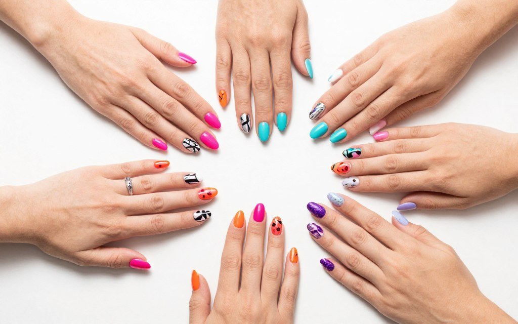 Eight bold summer gel nail designs showing various artistic patterns
