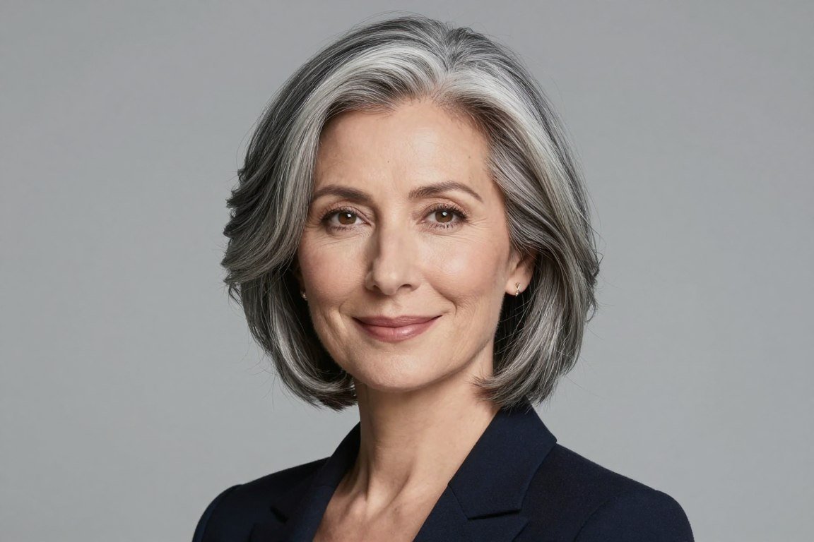 Elegant layered bob showcasing natural gray hair texture