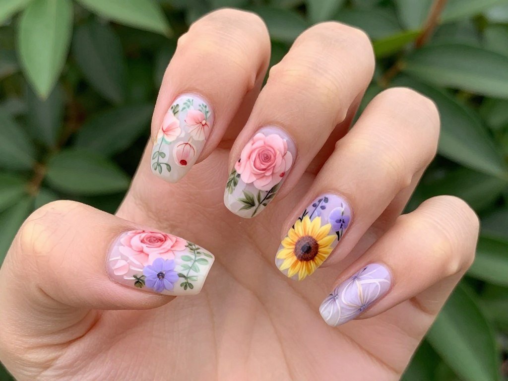 Floral colored swirl nail design with garden flower shades