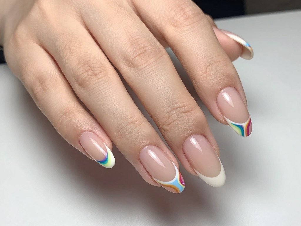 French tip nails with swirl pattern in the tip area