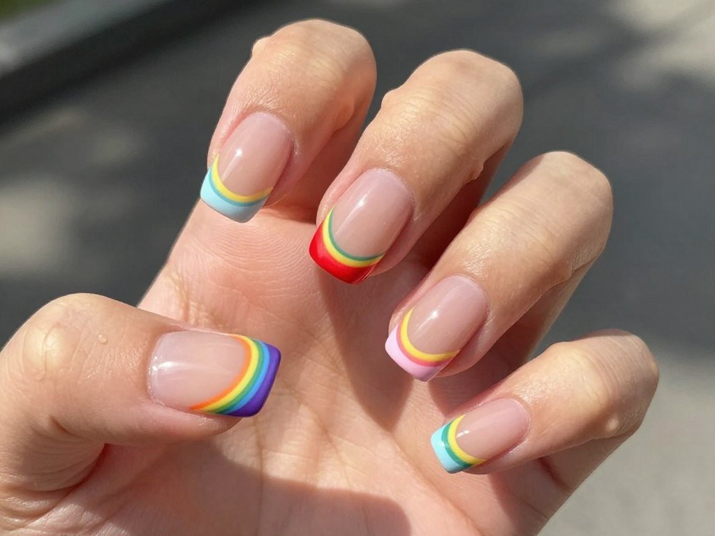 French tips with rainbow swirl pattern