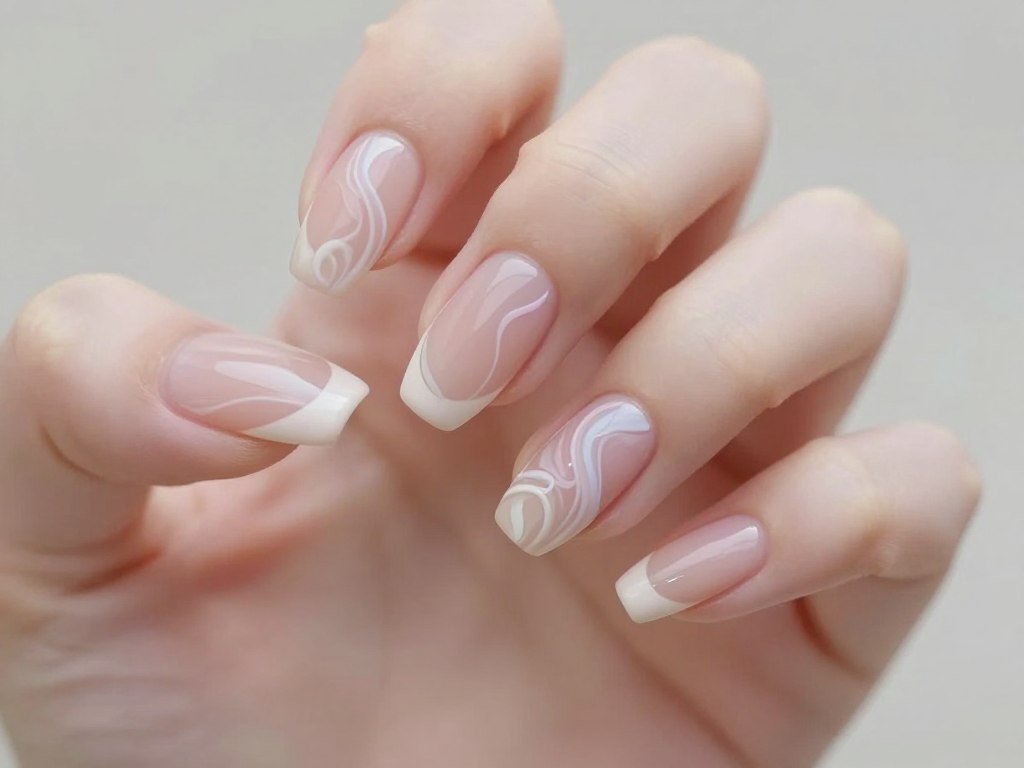 French tips with soft pastel swirl patterns