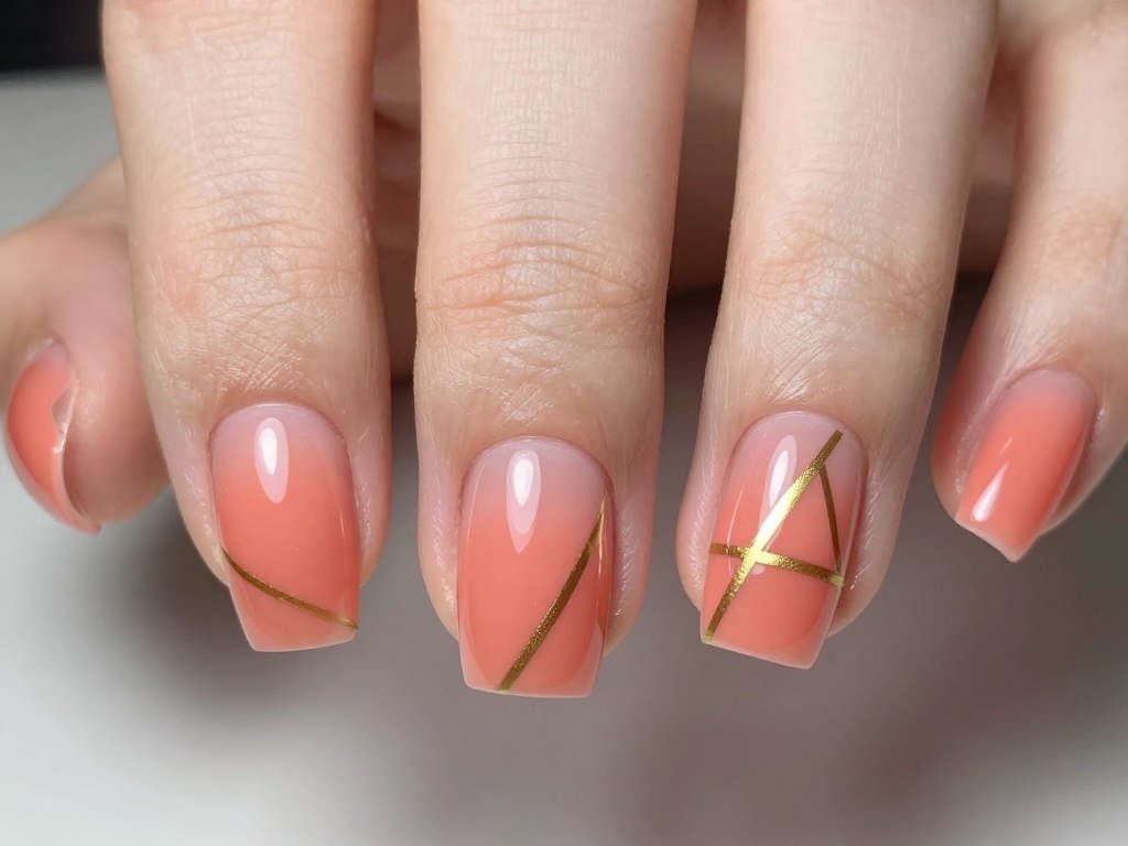 Geometric coral nail design with gold lines