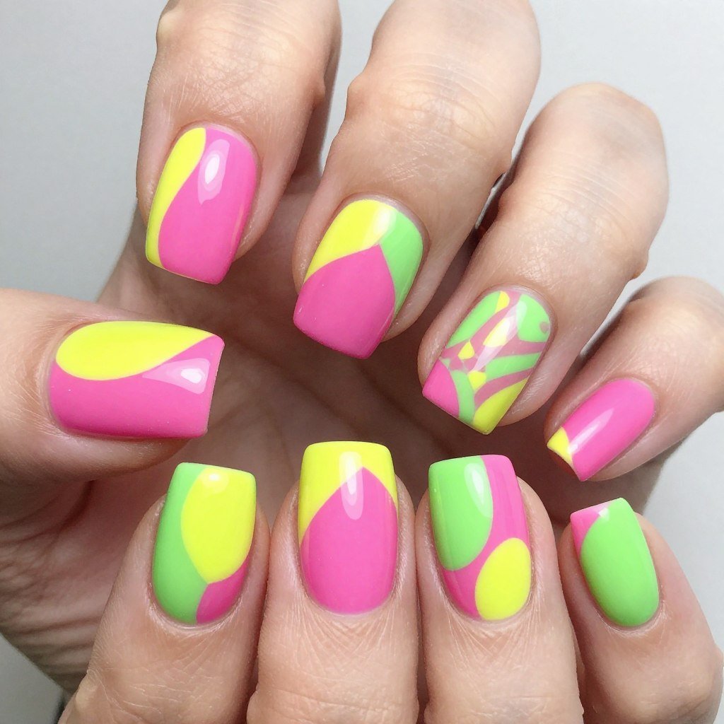 Geometric neon color block nail design with multiple bright shades