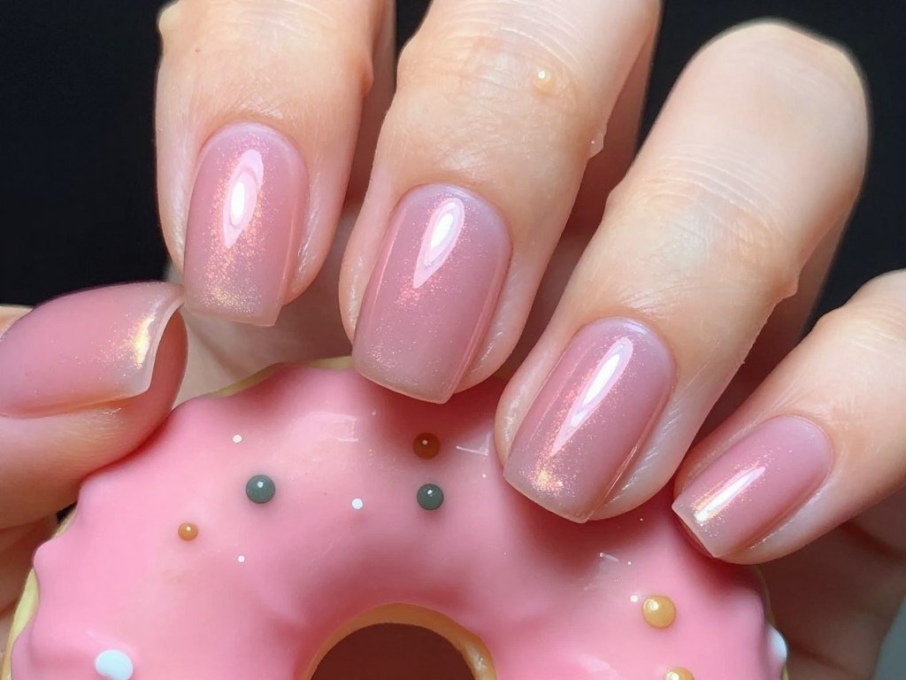 Glazed donut effect on pink fall nails showing pearlescent shine