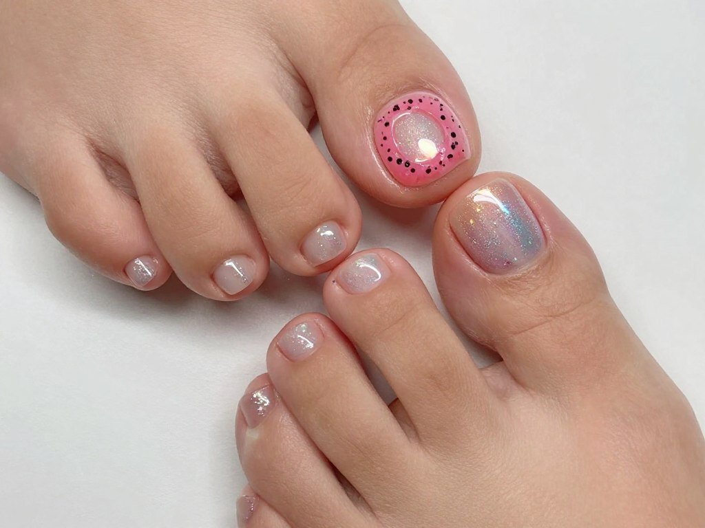 Glazed donut nail effect inspired by Hailey Bieber on summer pedicure