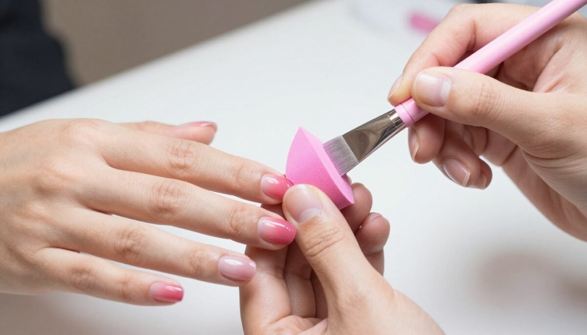 Gradient nail technique demonstration showing sponge blending method for pink ombre