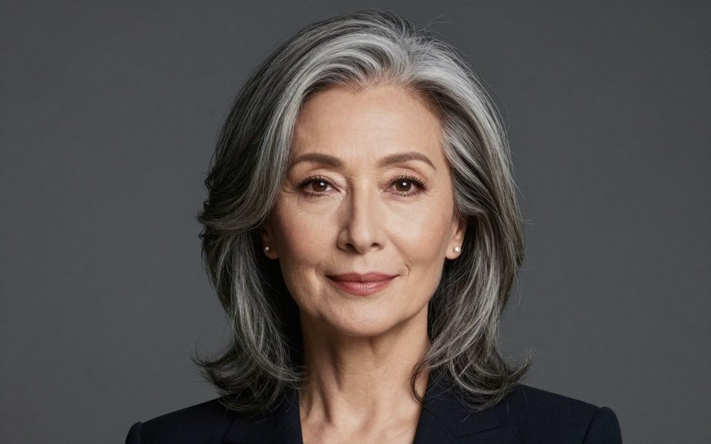 Gray layered hair showing natural dimension
