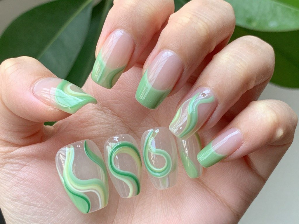 Green swirl patterns on clear transparent nail base