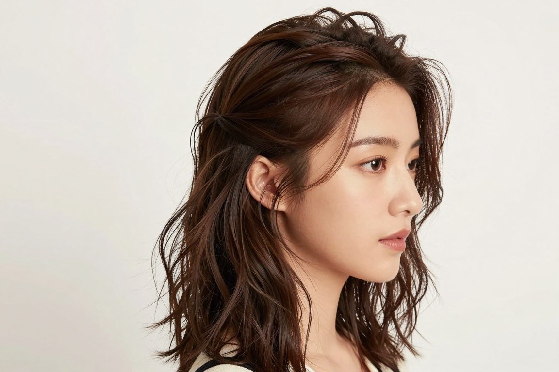 Half up half down hairstyle with volume for thin shoulder length hair