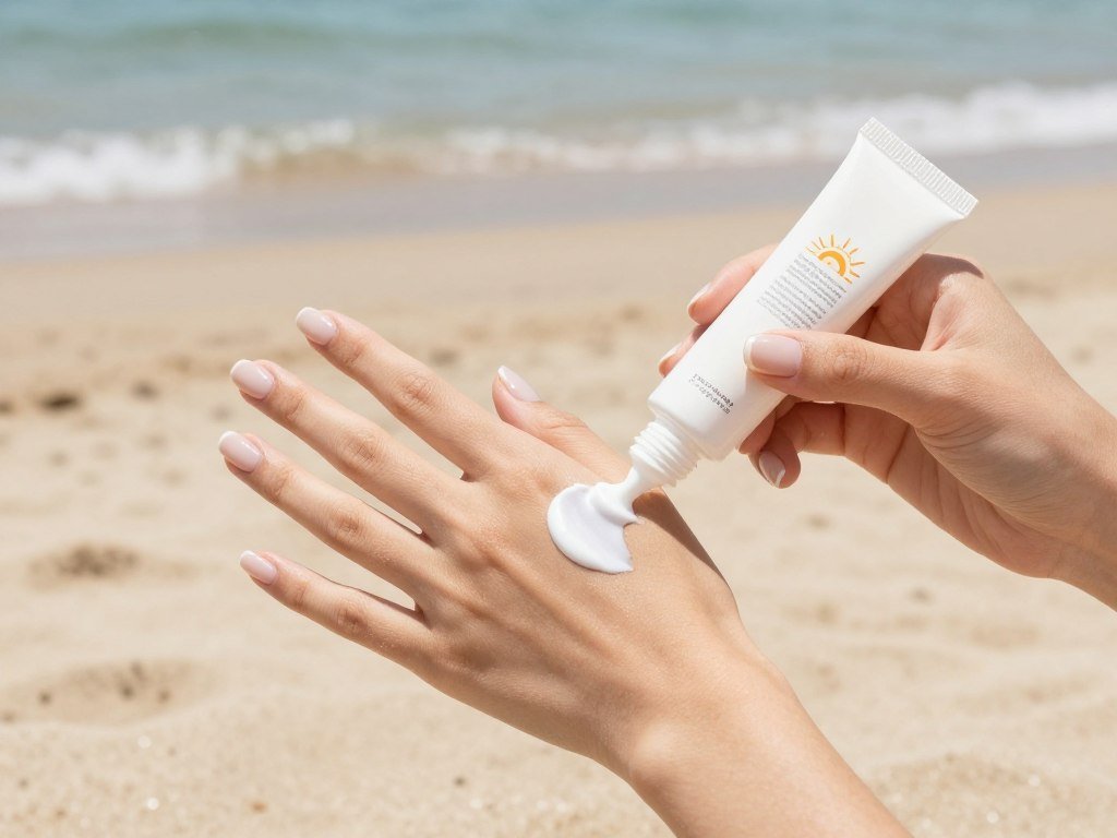 Hand with gel manicure applying sunscreen at the beach