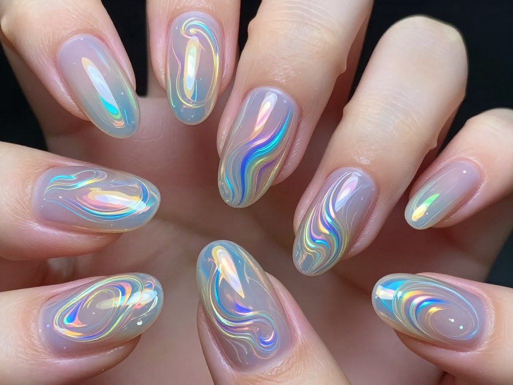 Holographic swirl nail art with rainbow reflection
