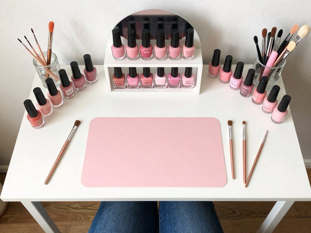 Home DIY nail station with pink fall polishes and nail art tools organized