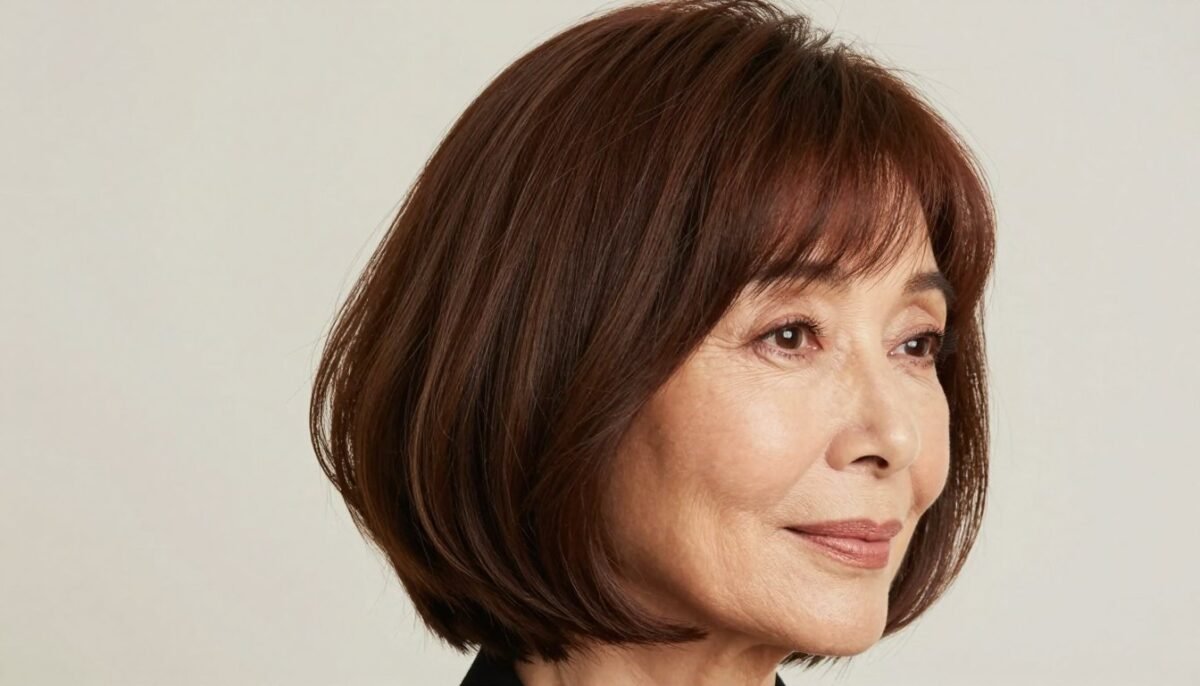 Layered bob haircut with side-swept bangs on woman over 60