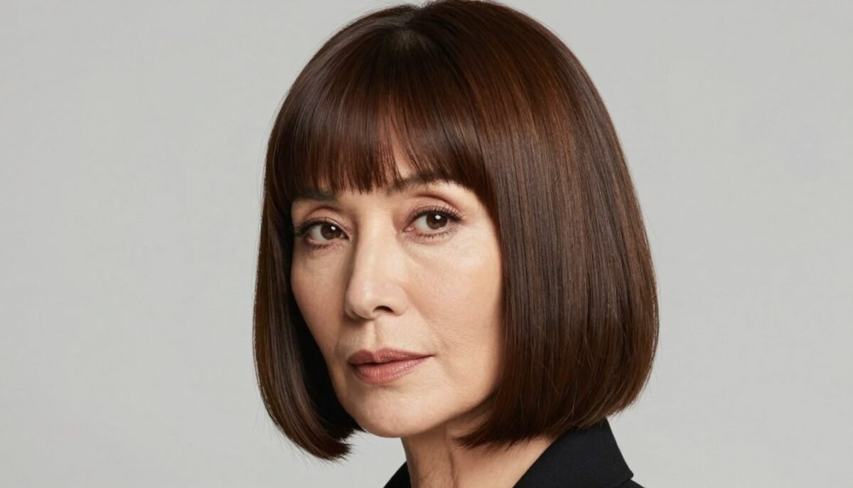 Layered bob with blunt bangs on woman over 60
