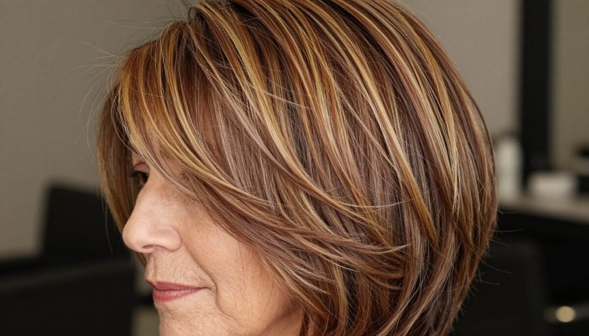 Layered hairstyle with dimensional color on woman over 60