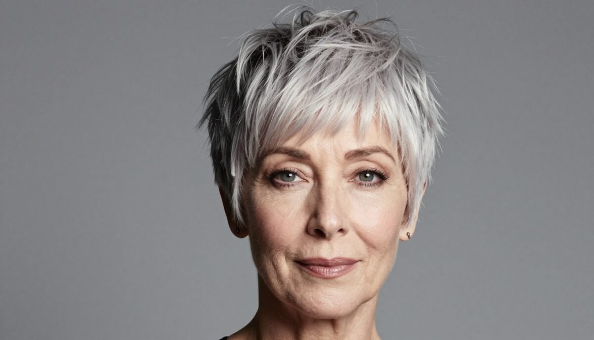 Layered pixie with textured fringe on woman over 60