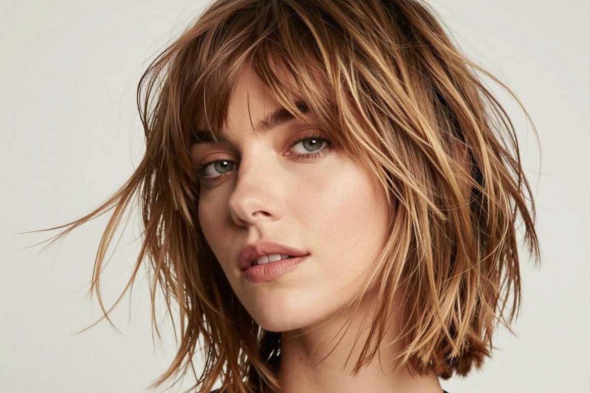 Layered shag haircut with curtain bangs on shoulder length thin hair