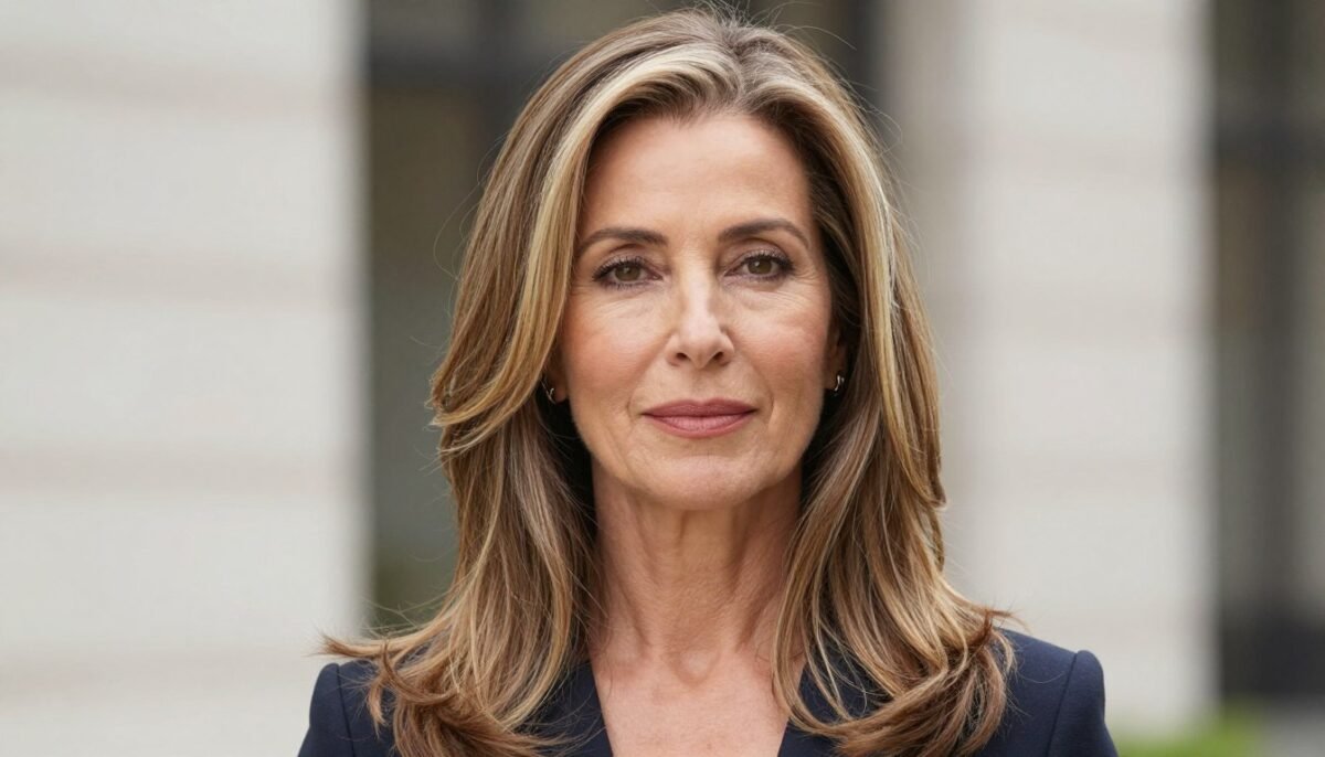 Long layered hairstyle with subtle highlights on woman over 60