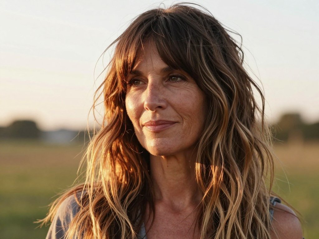 Long shag haircut with curtain bangs and balayage for women over 50