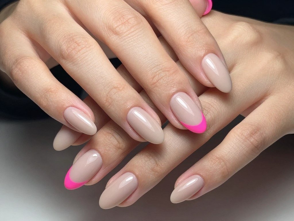 Manicure featuring single neon pink accent nail with neutral nude on other fingers