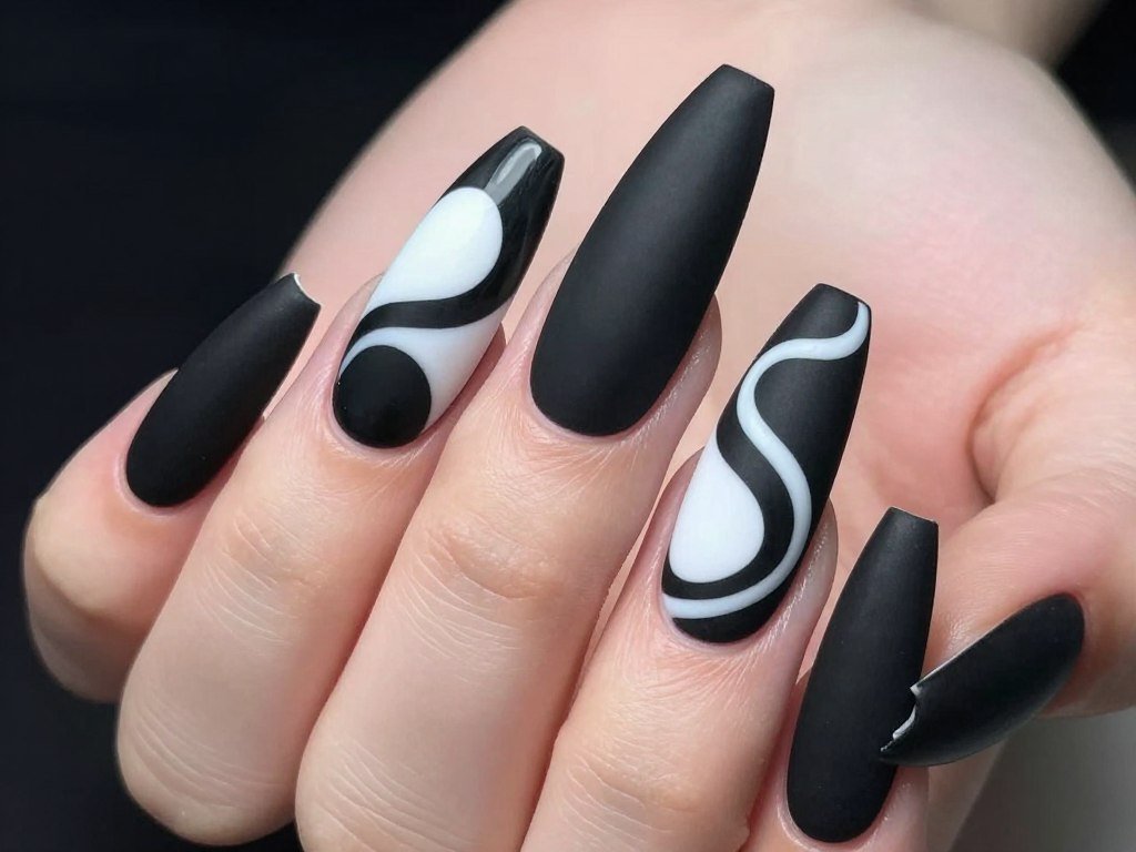 Matte black and white swirl nail art