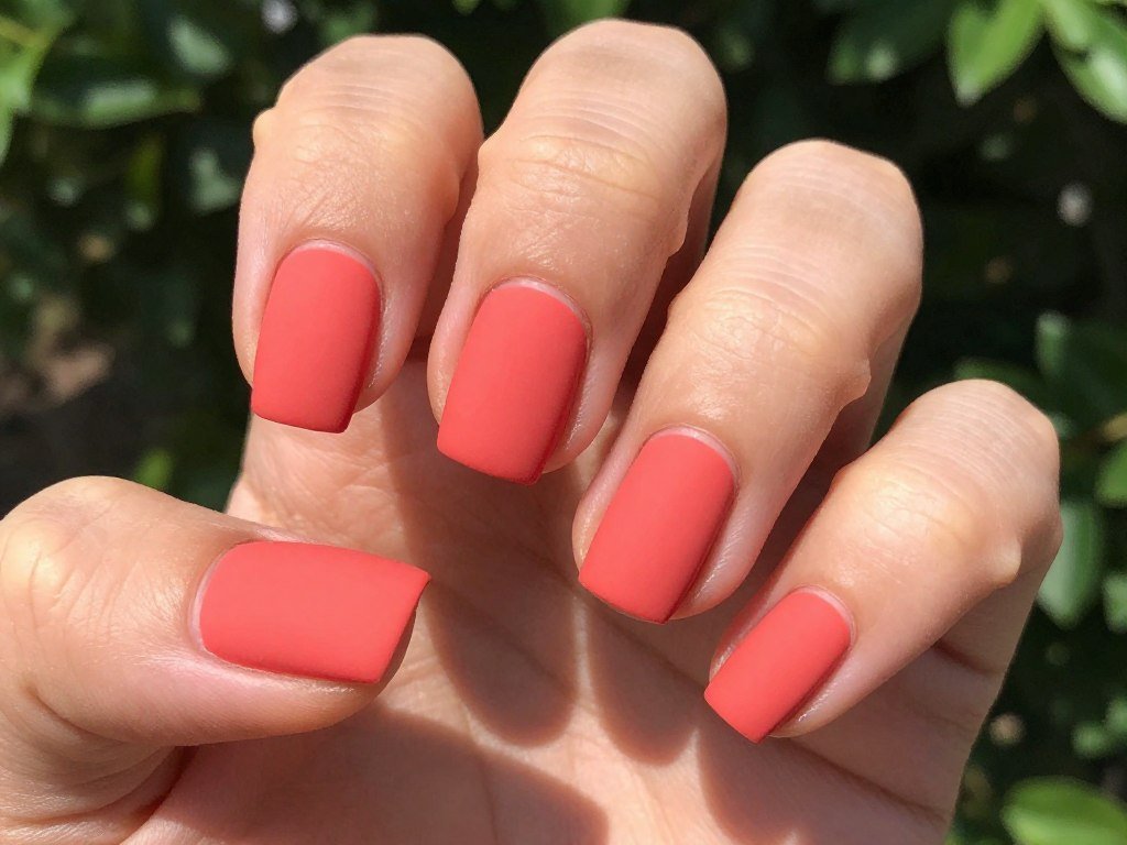 Matte coral nail polish on short square nails