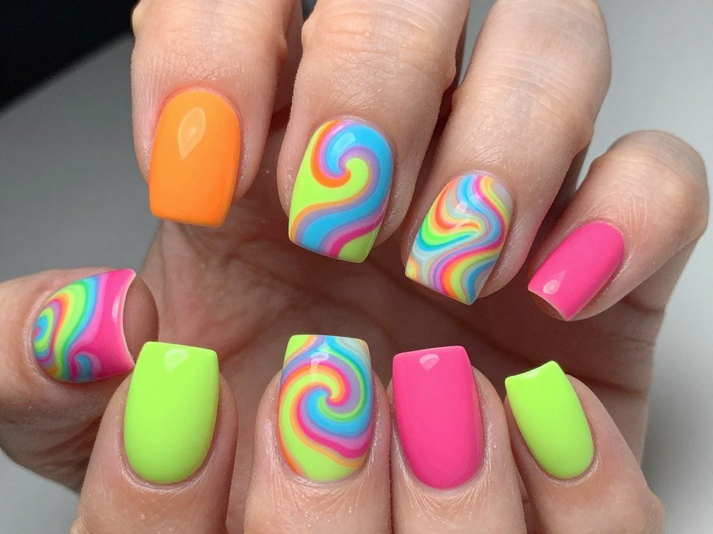 Matte finish neon swirl nail design