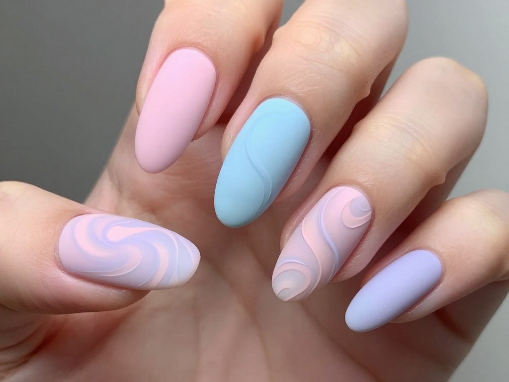 Matte finish pastel swirl nail design