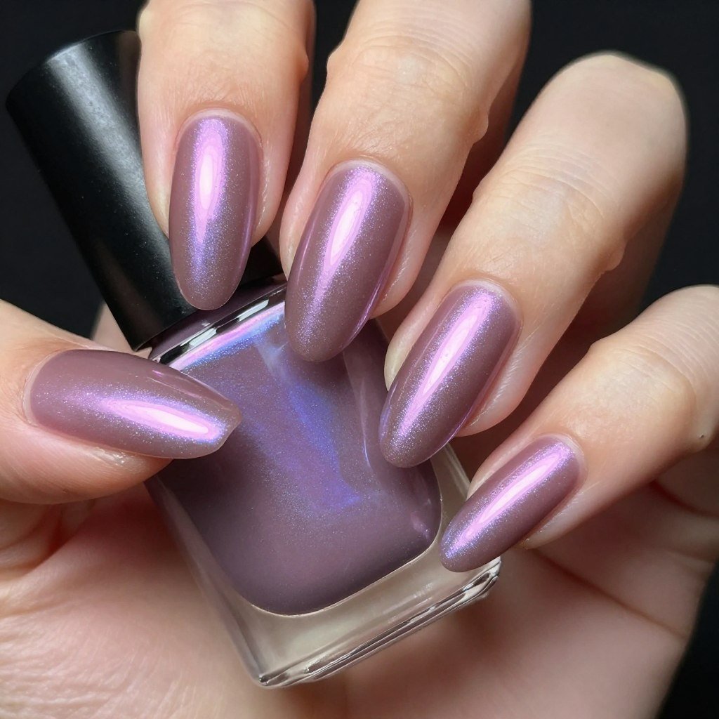Mauve chrome finish nails with metallic purple-pink sheen