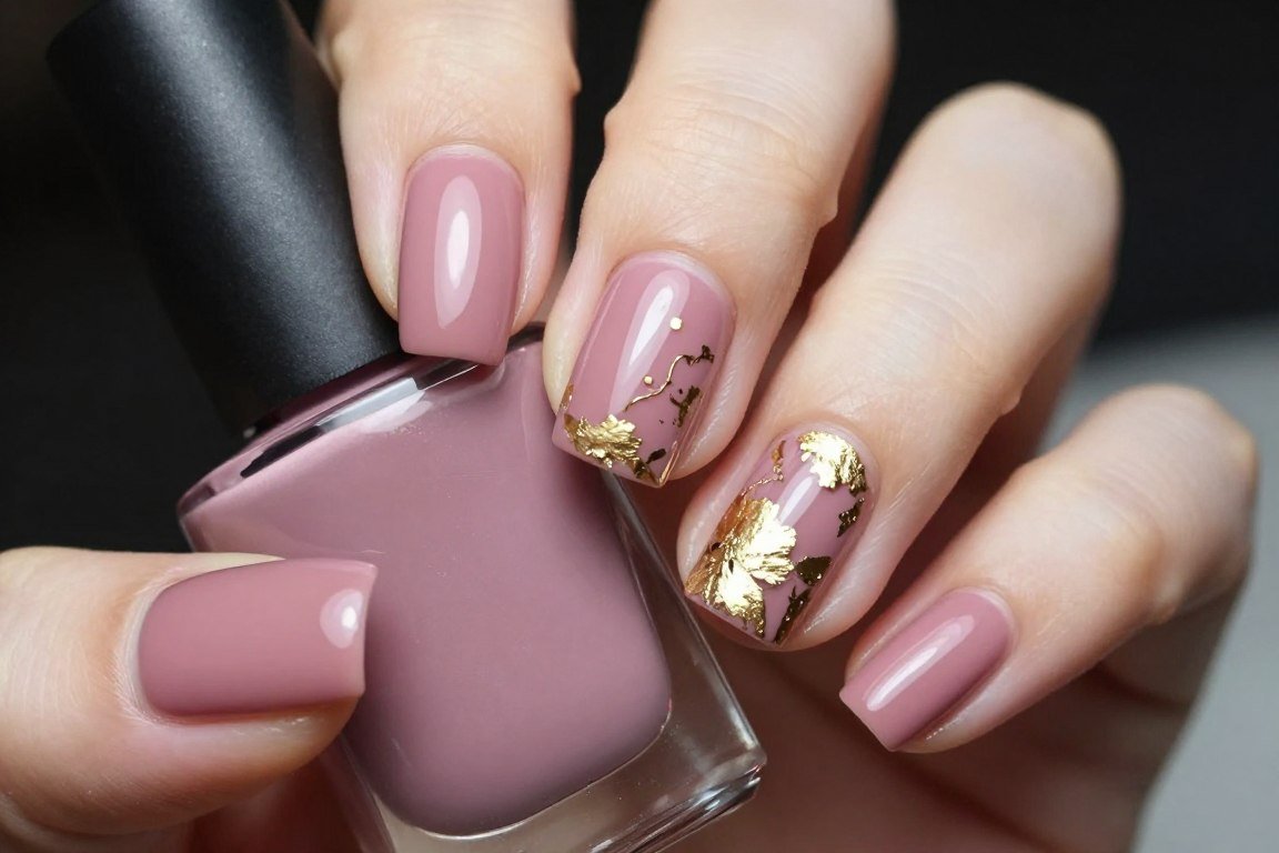 Mauve nails with gold foil details creating elegant fall nail art