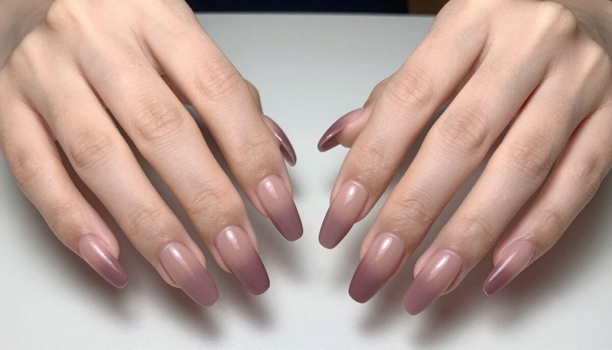 Mauve ombre nails transitioning from nude base to dusty mauve tips