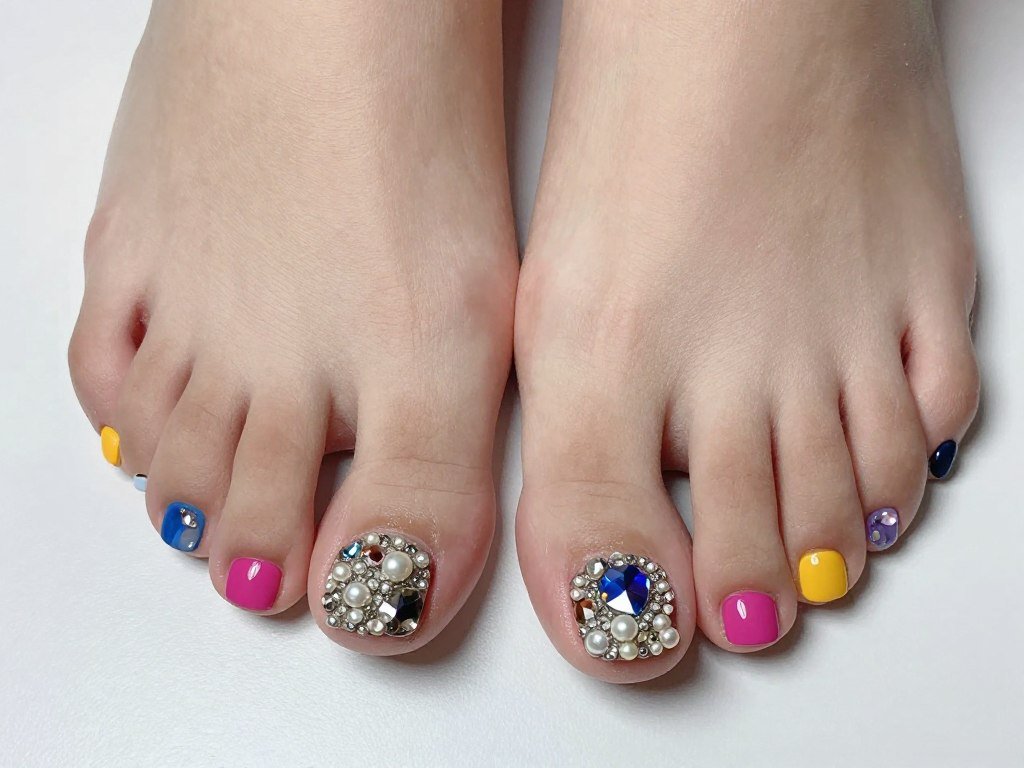 Maximalist embellished nail art on bold summer toe design