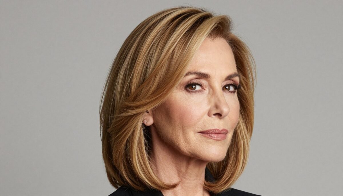 Medium-length layered hair with deep side part on woman over 60