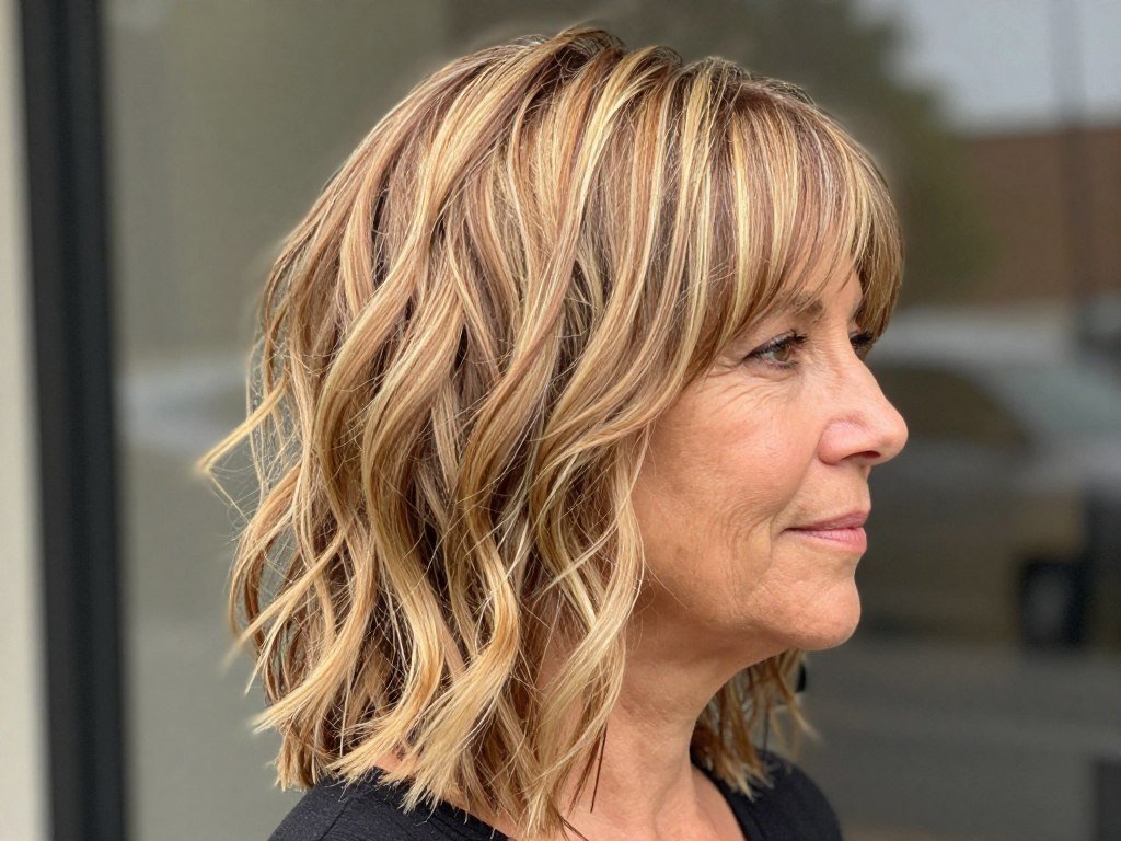 Medium length shag haircut with curtain bangs for women over 50 with fine hair