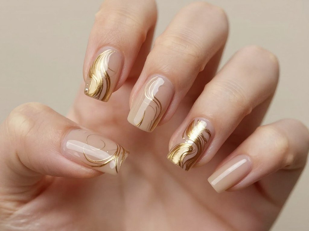 Metallic gold swirl nail art on nude base