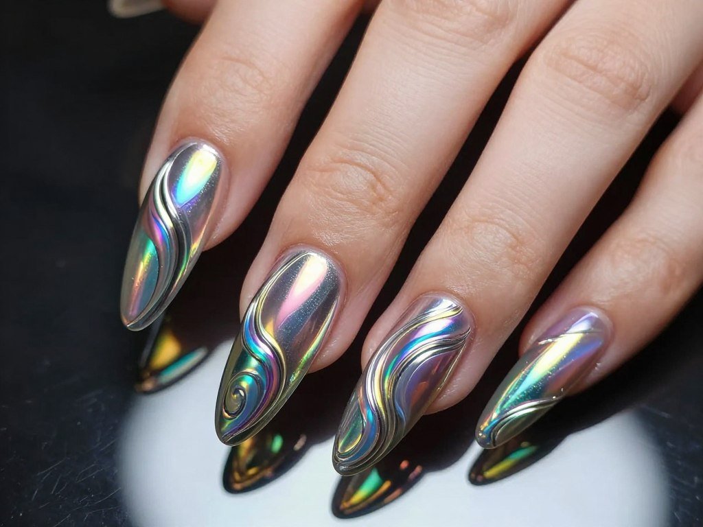 Metallic rainbow swirl nail art with chrome finish