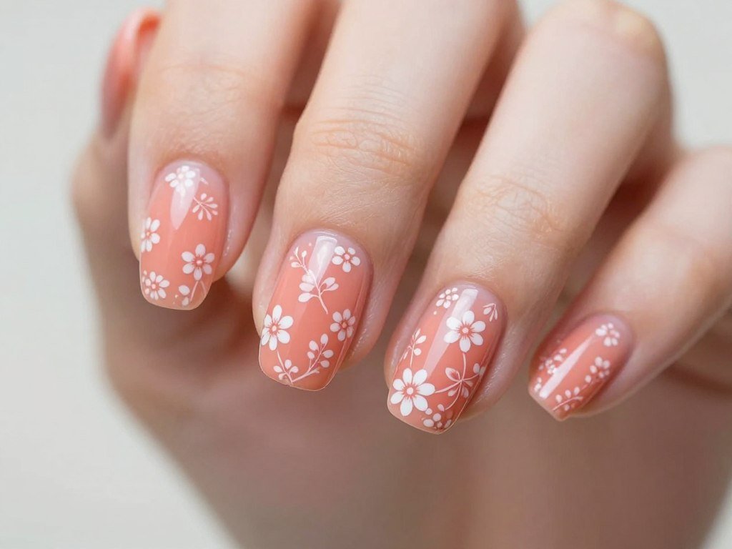 Micro floral pattern on coral nails