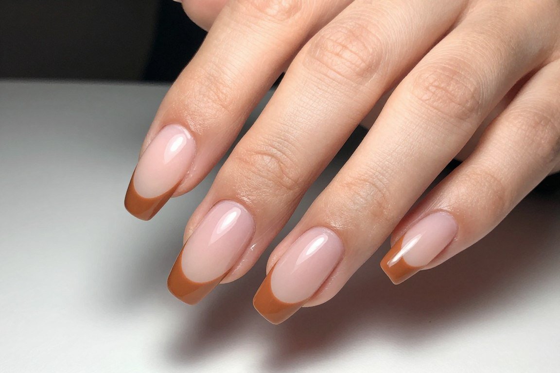 Milky pink french tip nails with warm nude tips for fall