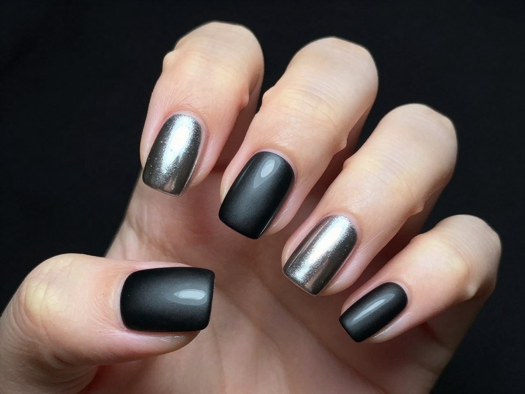 Modern edgy short nails with gunmetal chrome base and matte black tips
