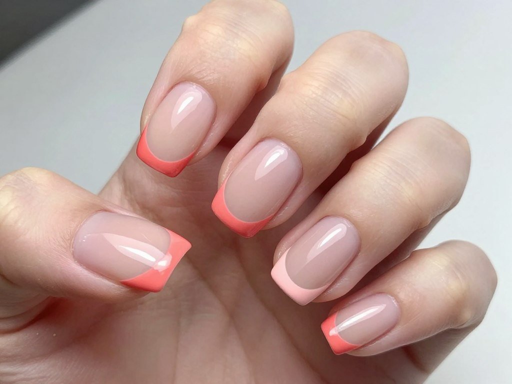 Modern short nails with colored French tips and negative space design elements