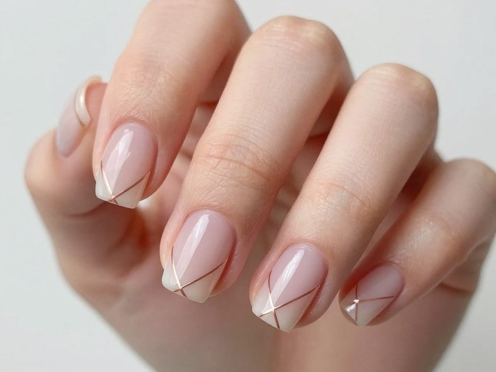 Modern short nails with negative space design and rose gold geometric accents