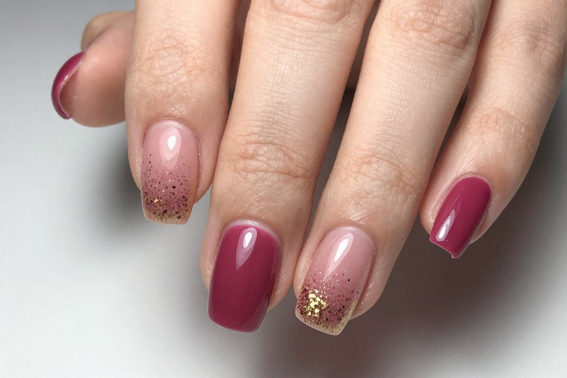 Mulberry pink nails with gold glitter concentrated at tips