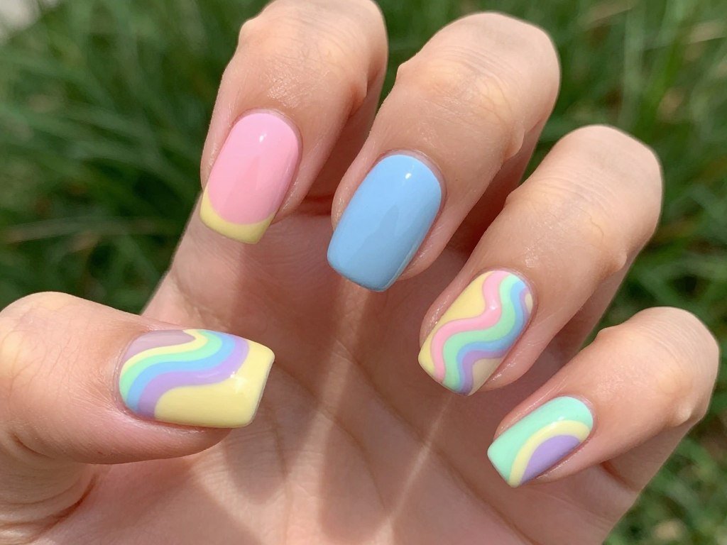 Multiple pastel colors creating rainbow swirl nail art