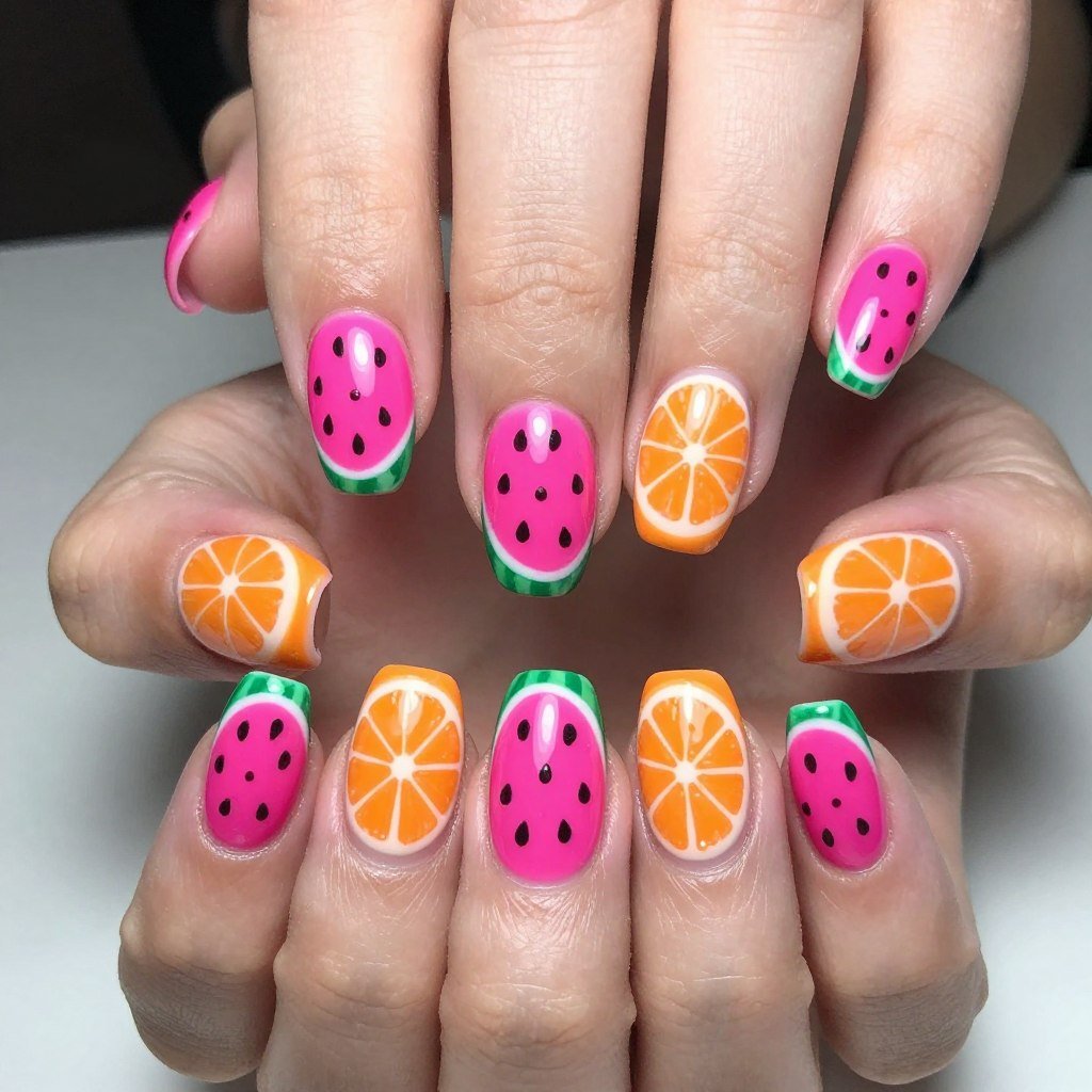 Neon fruit slice nail art featuring watermelon and citrus designs
