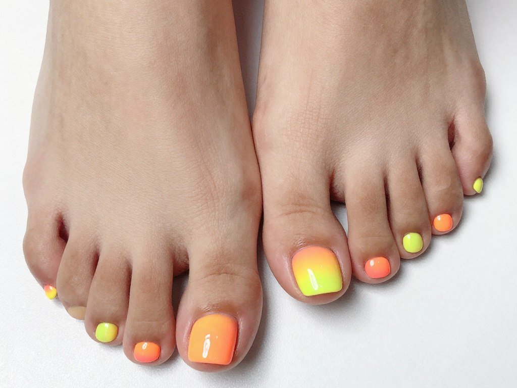 Neon gradient design on bold summer toe nails