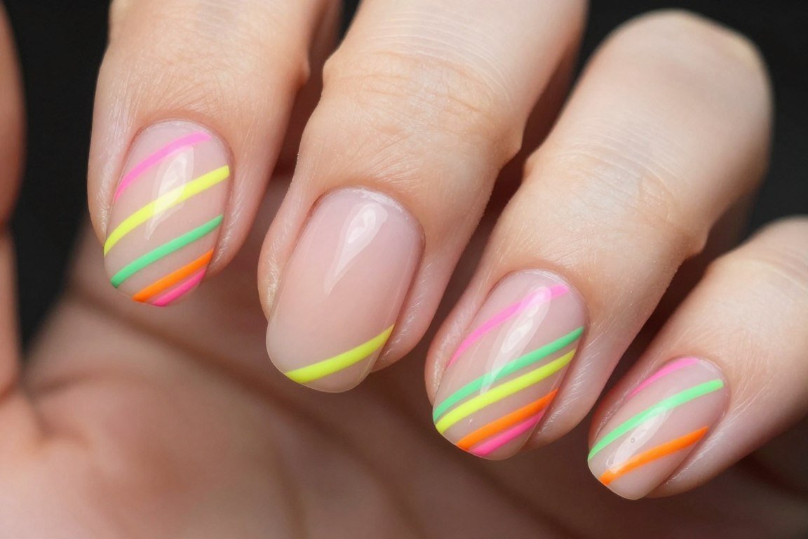 Neon striped nail design with multiple bright colors in thin lines