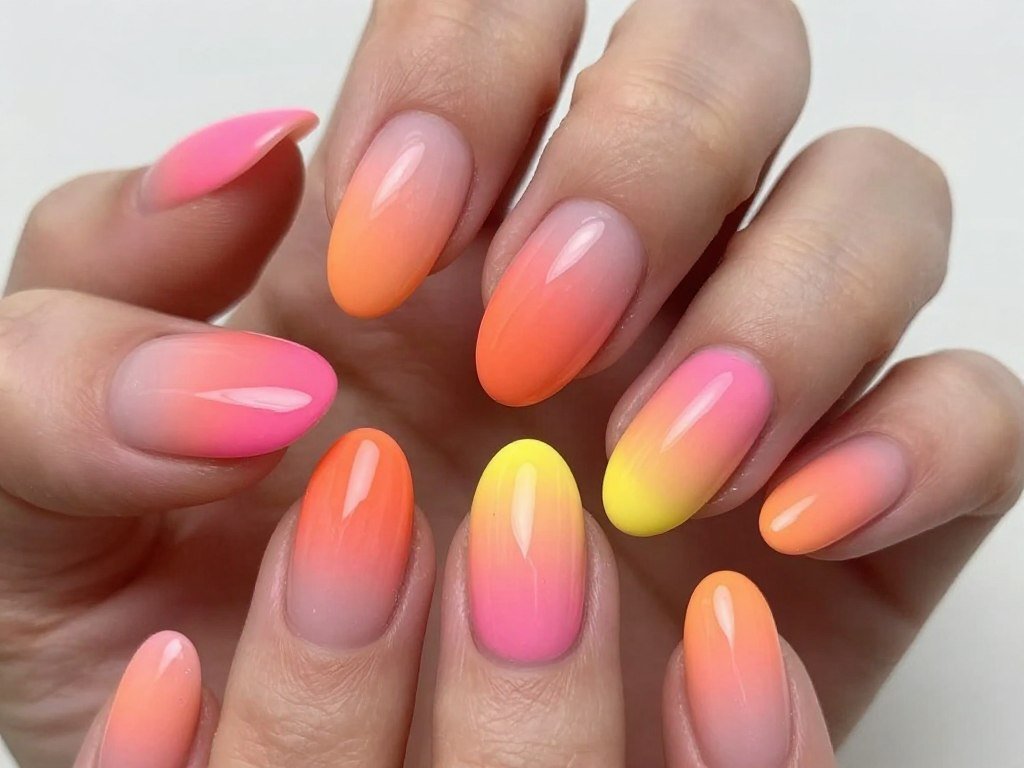 Neon sunset gradient nail design blending pink, orange, and yellow
