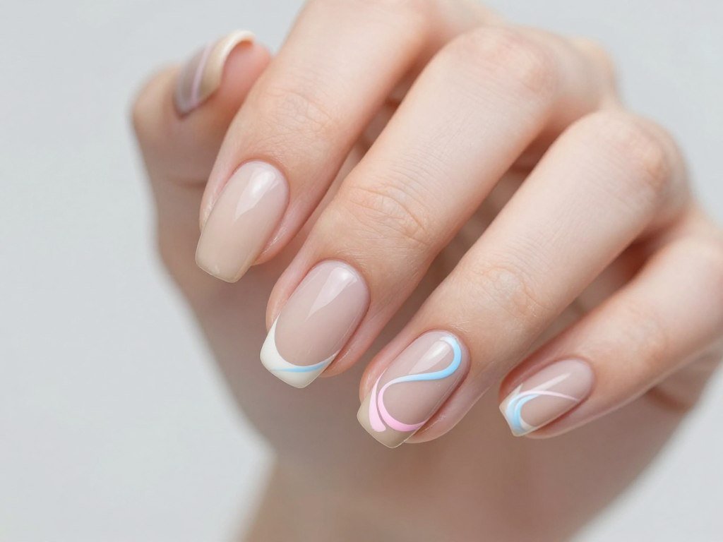 Nude base nail with delicate pastel pink and blue swirls